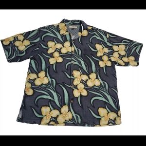 Tommy Bahama Hawaiian Shirt Mens Large Blk Silk Yellow Flowers Tropical Light 1B